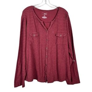 Sonoma Women's Maroon Striped Print Henley Roll Tab Sleeve Plus Size Top 2X XXL